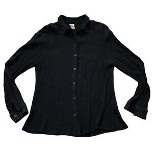Eileen Fisher Black Waffle Weave Button Up Long‎ Sleeve Shirt Sz S